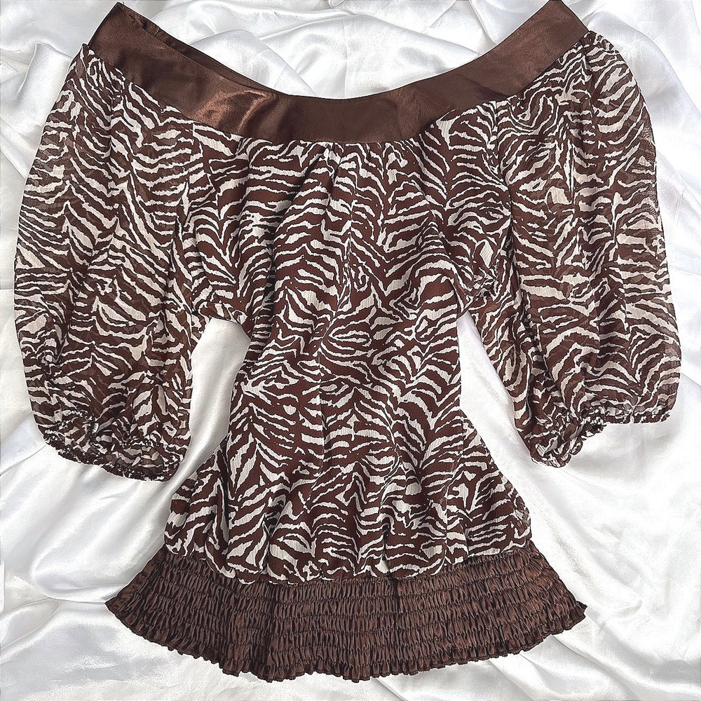 Soulmates Brown Zebra Print Off The Shoulder Smocked Hem Balloon Sleeve Blouse
